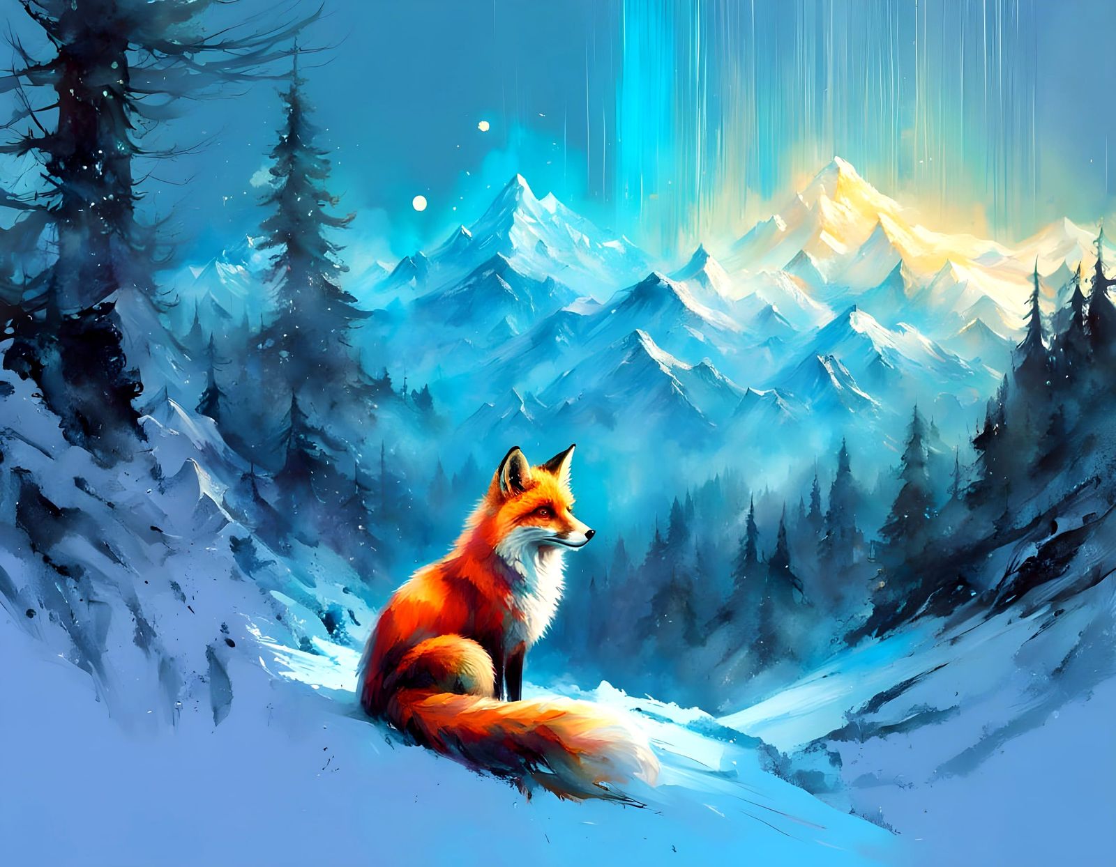 Ethereal Fox Amidst Majestic Mountains in Warm Sunset Glow