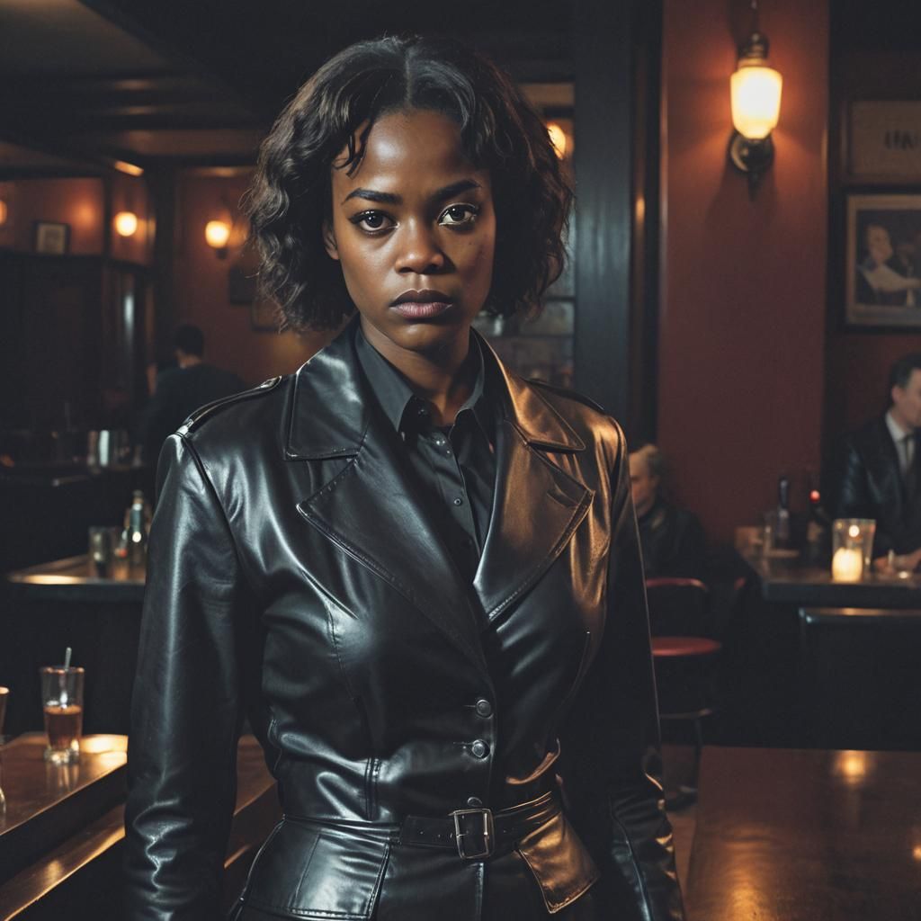 A full-body image of Kemi Badenoch, angry face, dressed in a strict black business leather suit, black leather gloves, s...