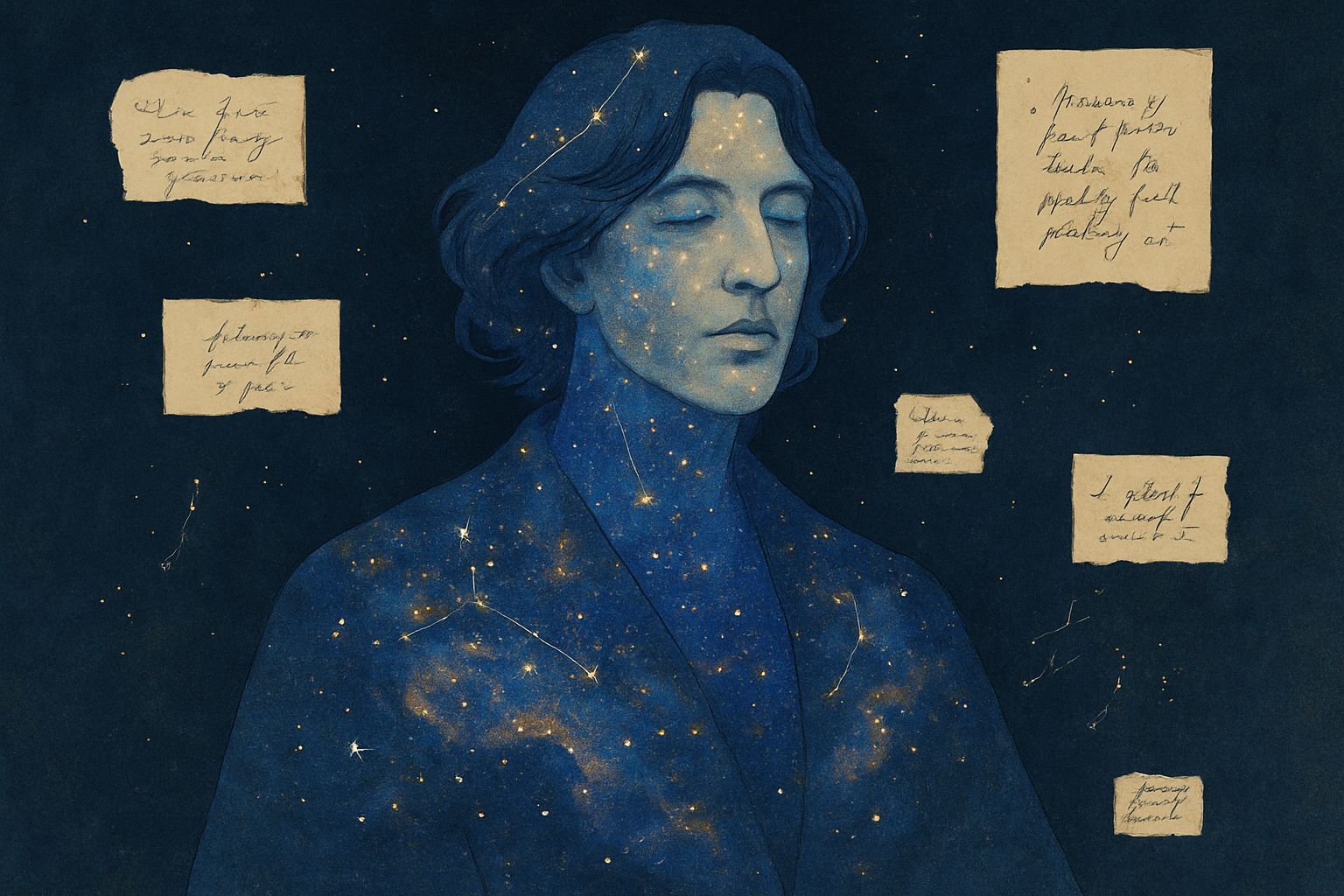 Oscar Wilde as Celestial Being in Minimalist Cosmic Style