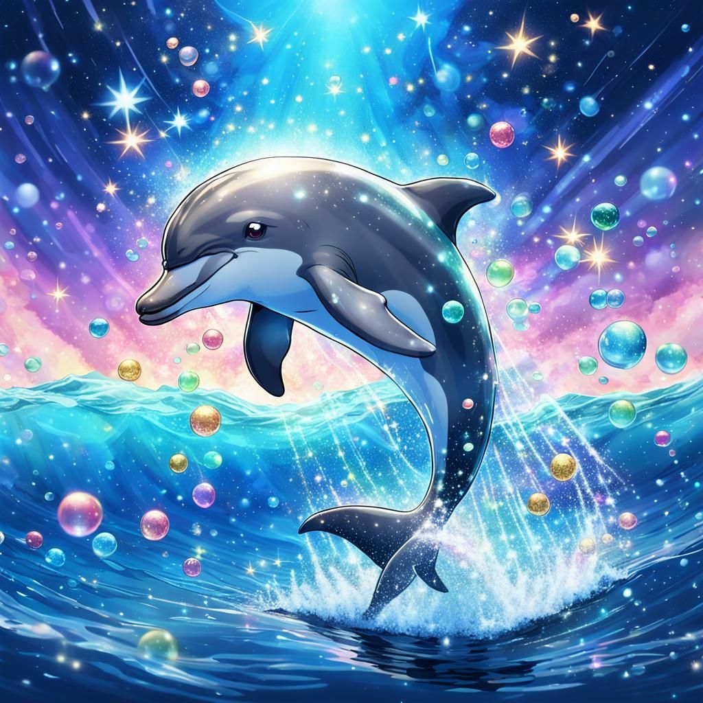Playful Dolphin Leaping Through Starry Sea: Anime Style