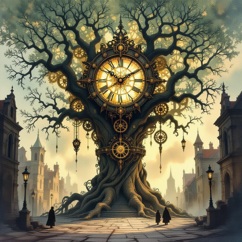 Ancient Clockwork Tree in Forgotten City Square Watercolor