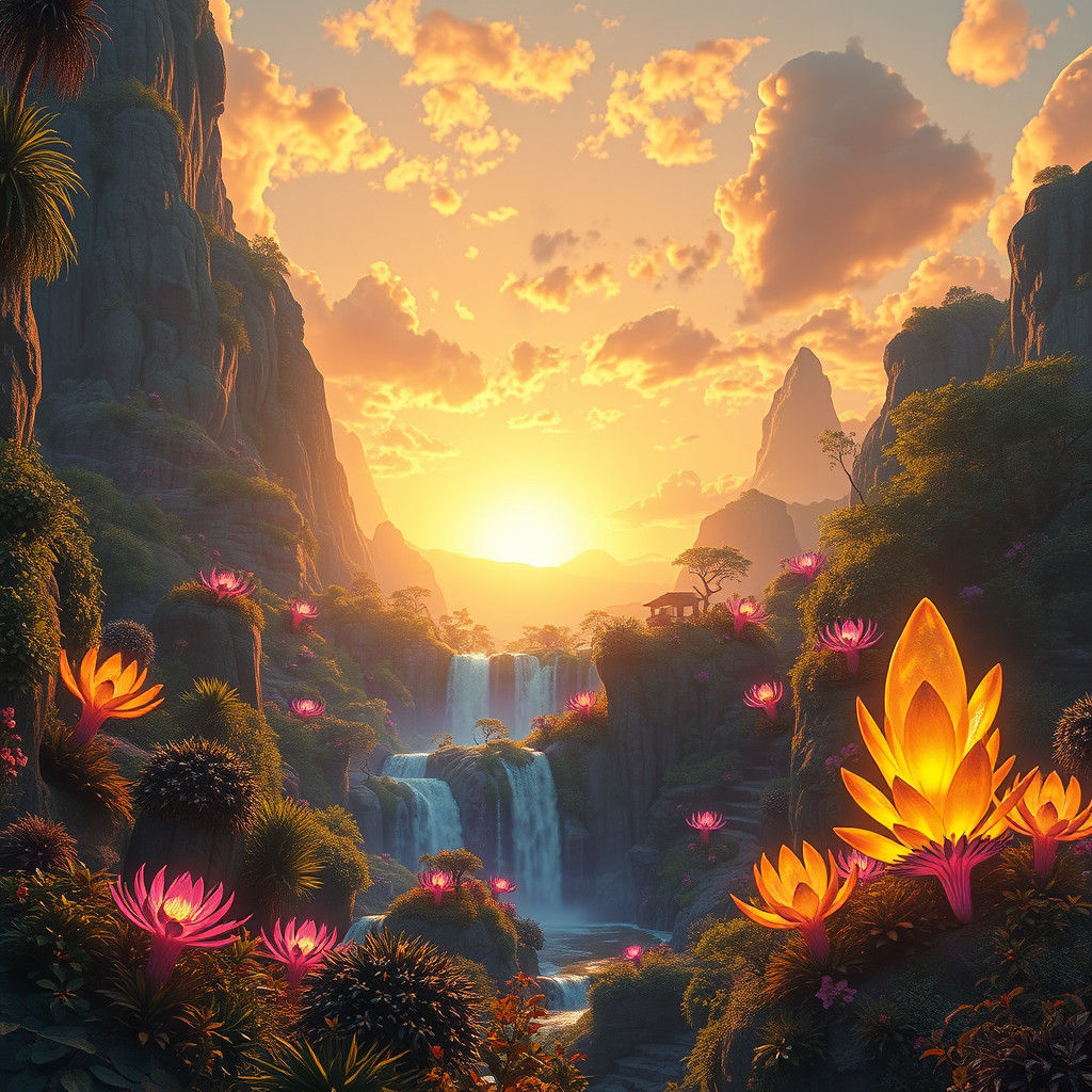 Surreal Landscape with Iridescent Waterfalls in Matte Painti...