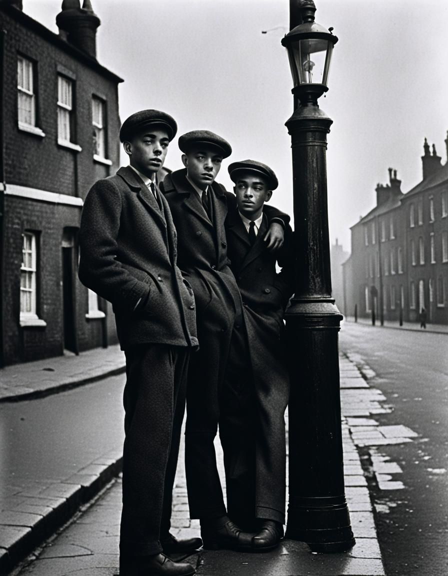 Boys by Lamppost, Monochrome Street Photography