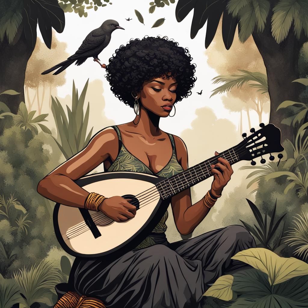 Enchanting Ink Artwork: Woman Conjuring Magic in Jungle