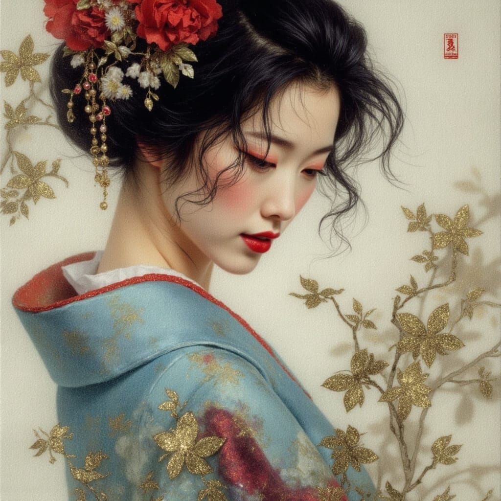 Geisha Portrait in Art Nouveau and Dark Fantasy Style