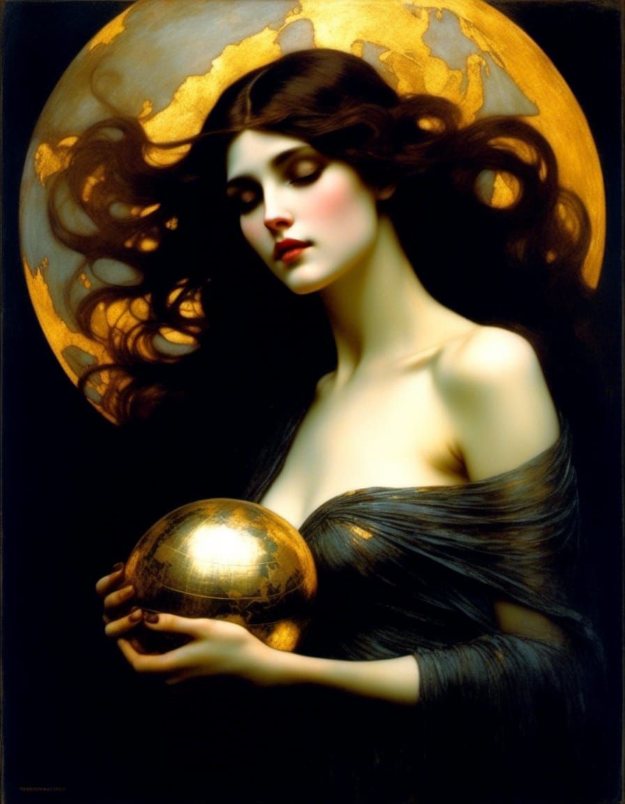 Goddess Holding World Globe in Art Nouveau Style