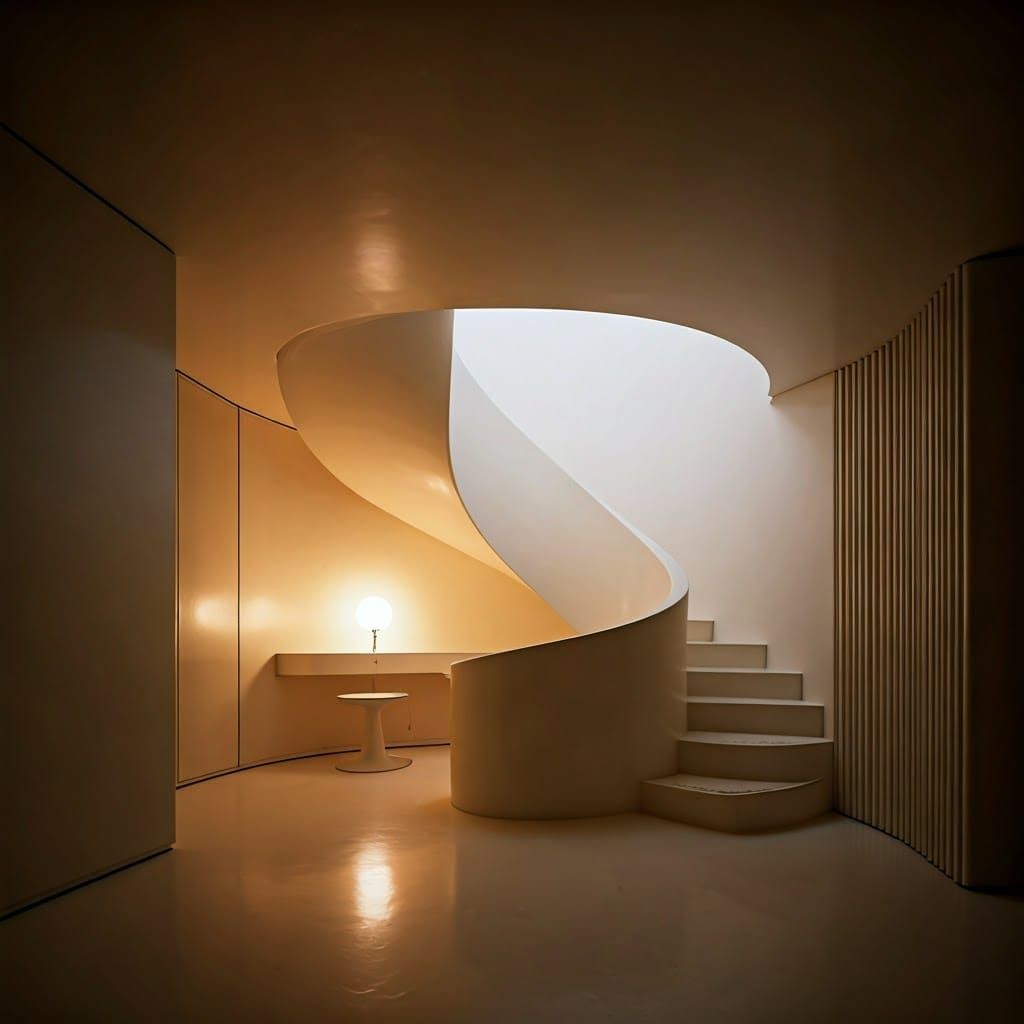 Retro-Futuristic Bedroom with Circular Stairway, Space Age D...