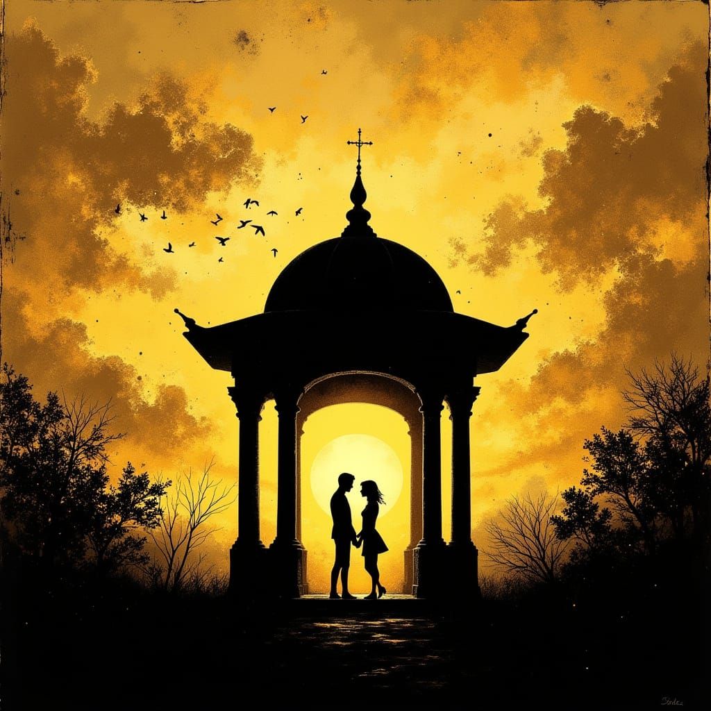 Golden Dawn Gazebo with Romantic Couple Silhouette