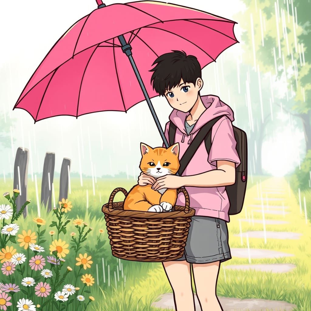 Young Couple Shelters Kitten Under Pink Umbrella in Ghibli S...