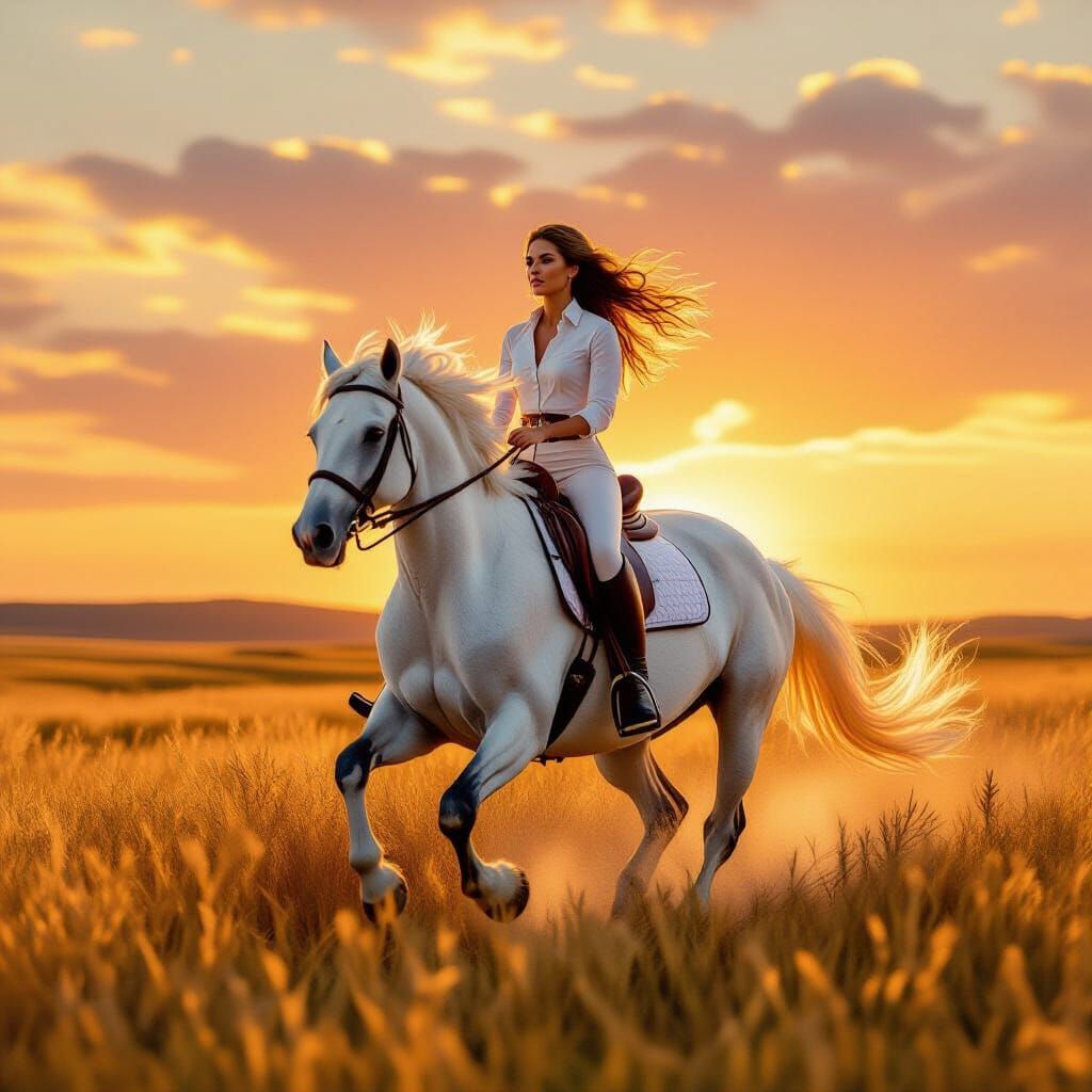 Woman Riding Horse in Golden Field at Sunset Oil Painting