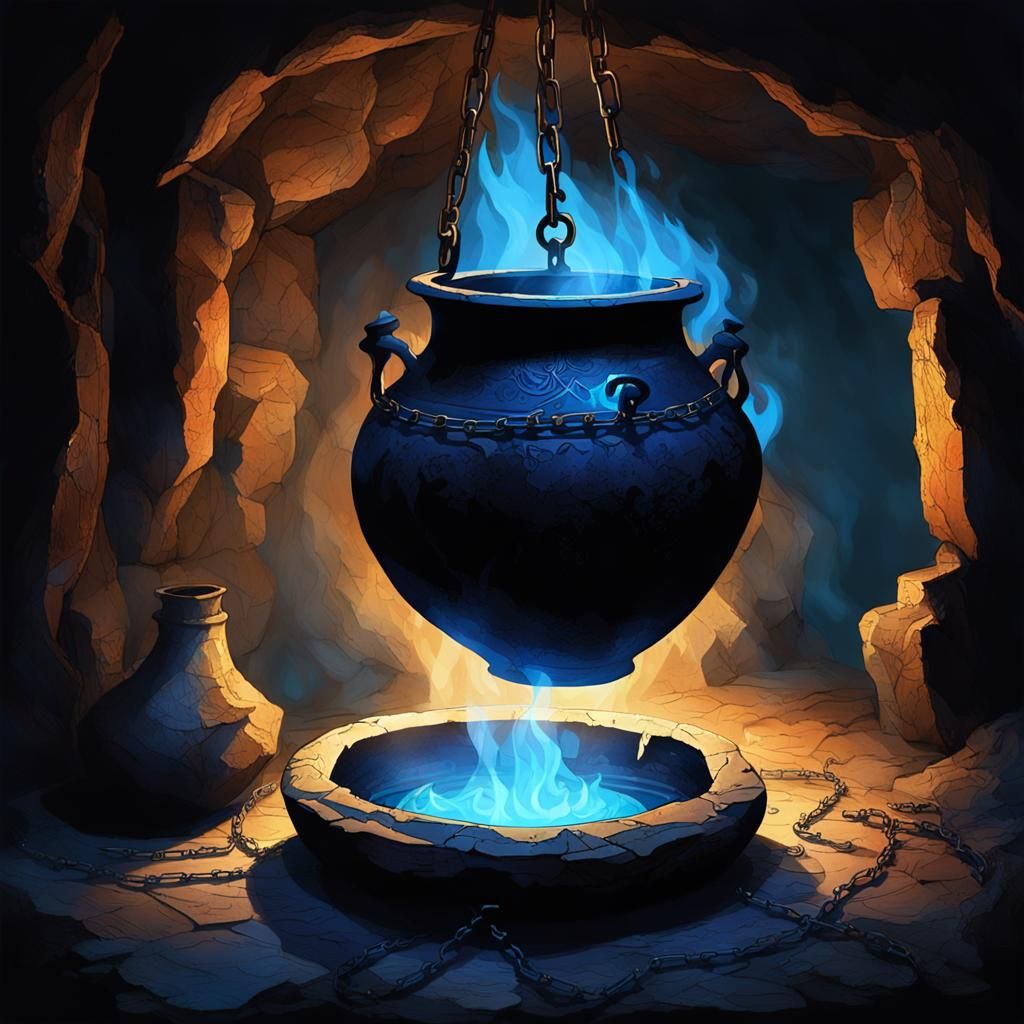 Mysterious Pot with Blue Flames in Stone Cave