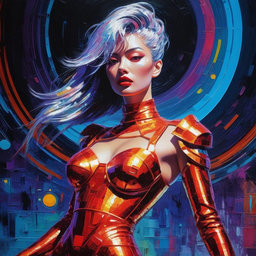 Cyborg Anime Female in 80s Retro Futurism Style