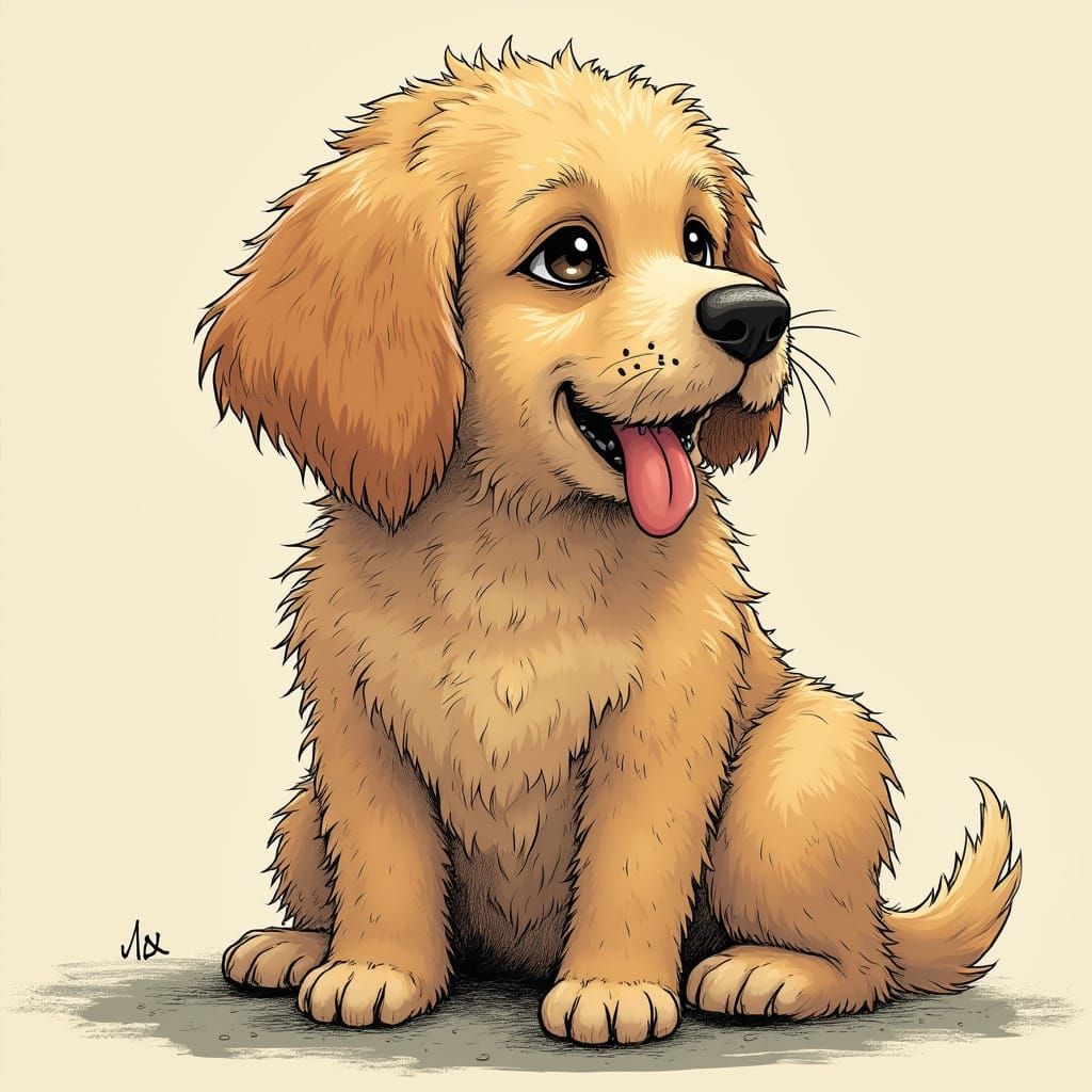 anime line drawn art, dog named Best of Luck, mangy, derpy t...