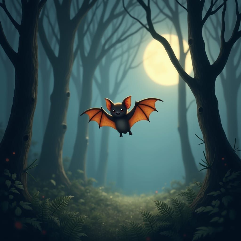 Adorable Bat in Mystical Moonlit Forest