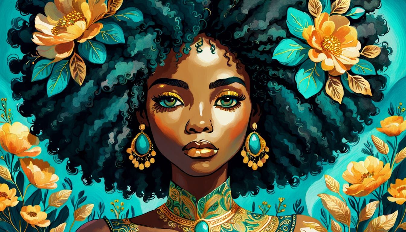 Majestic Black Woman with Floral Afro, Fauvist Style