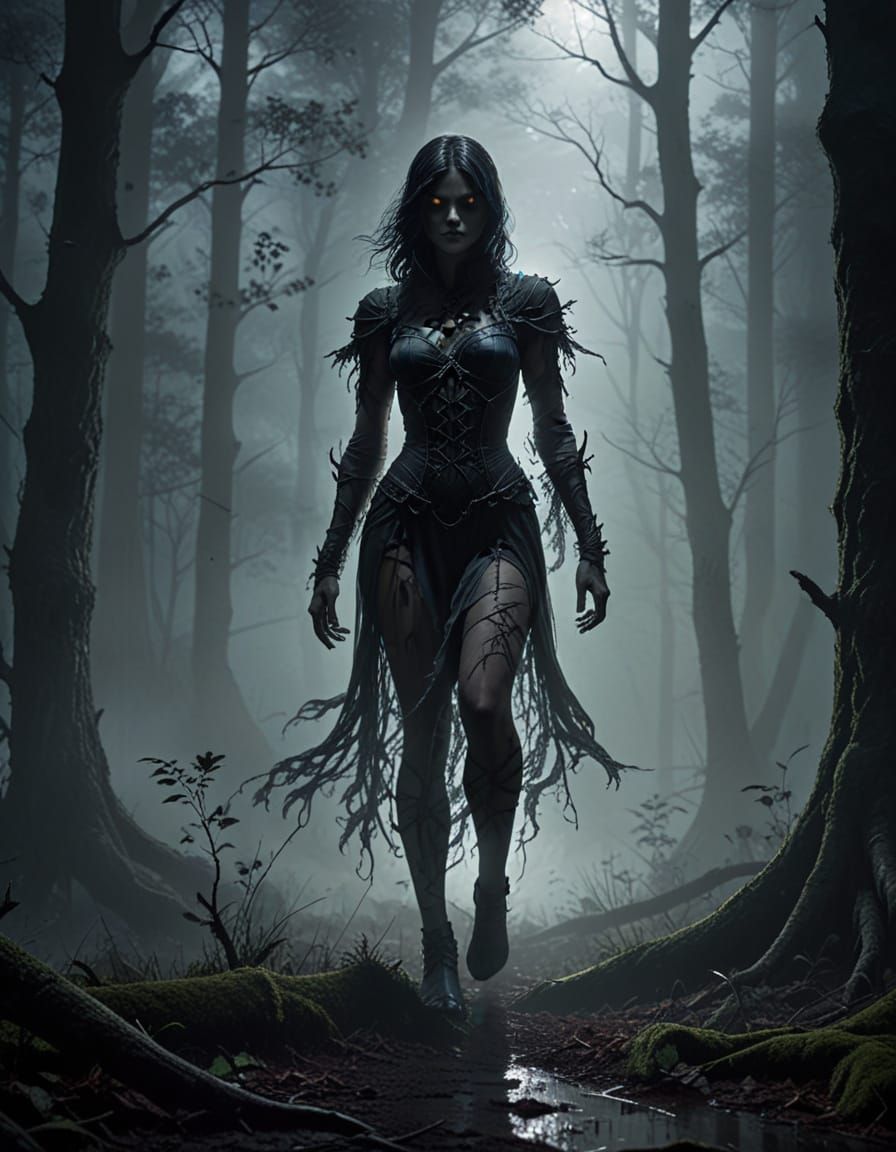 Mysterious Figure in Foggy Forest, Gothic Art