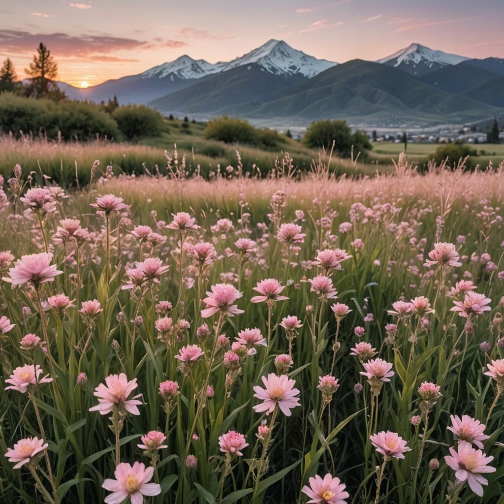 Pastel Pink Flowers Field with Snowy Mountain Sunset