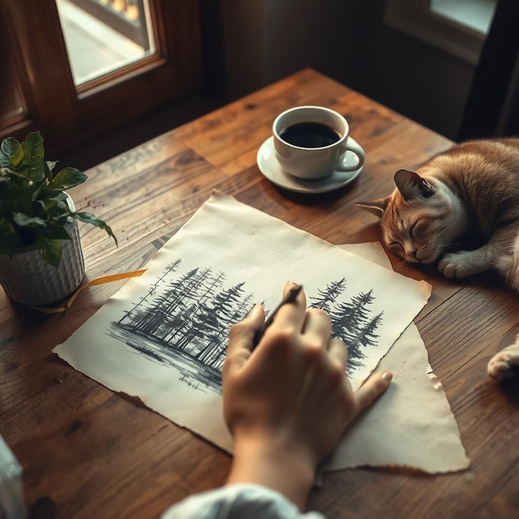 Charcoal Forest Drawing in Atmospheric Warm Light