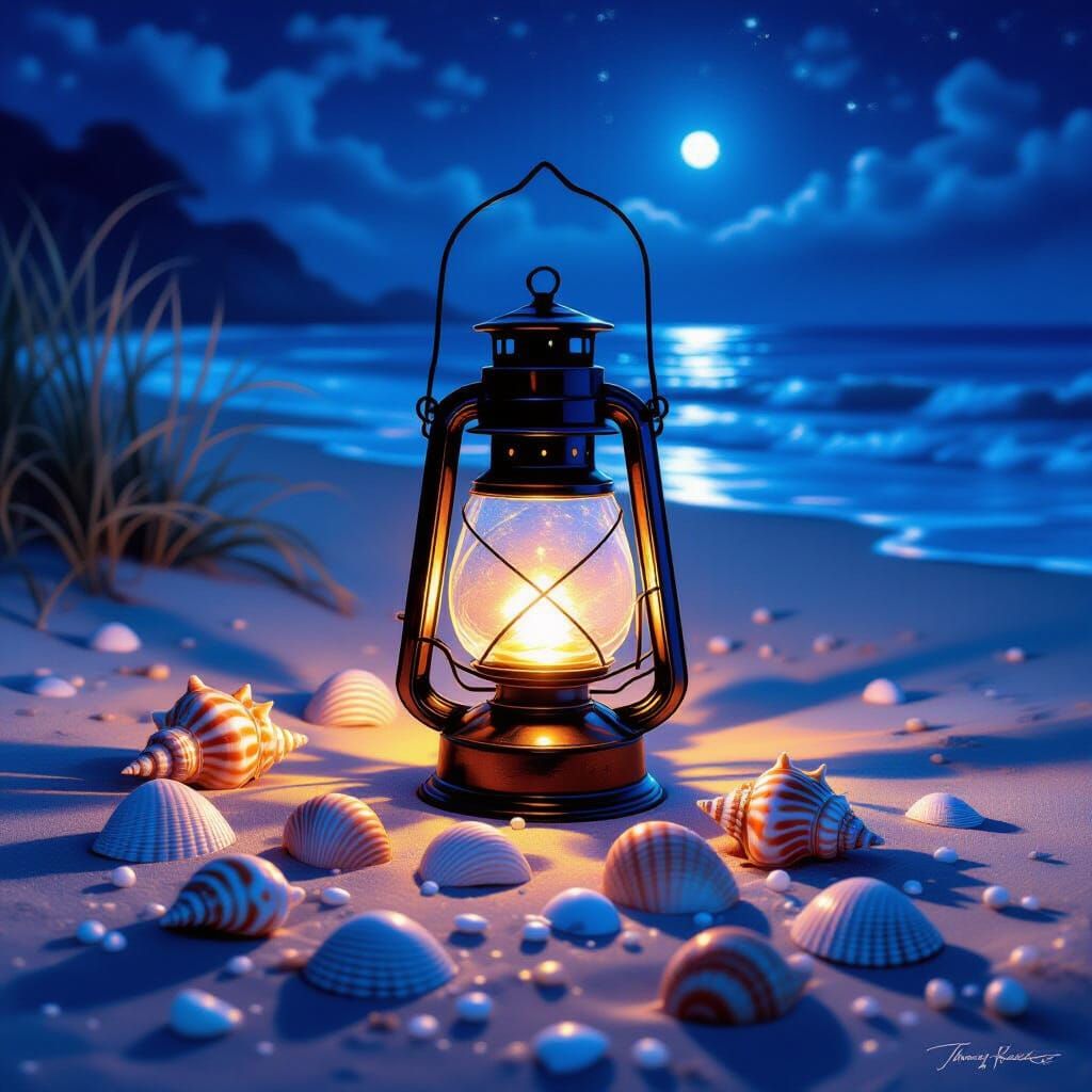 Night Beach with Glowing Lantern, Kinkade Style