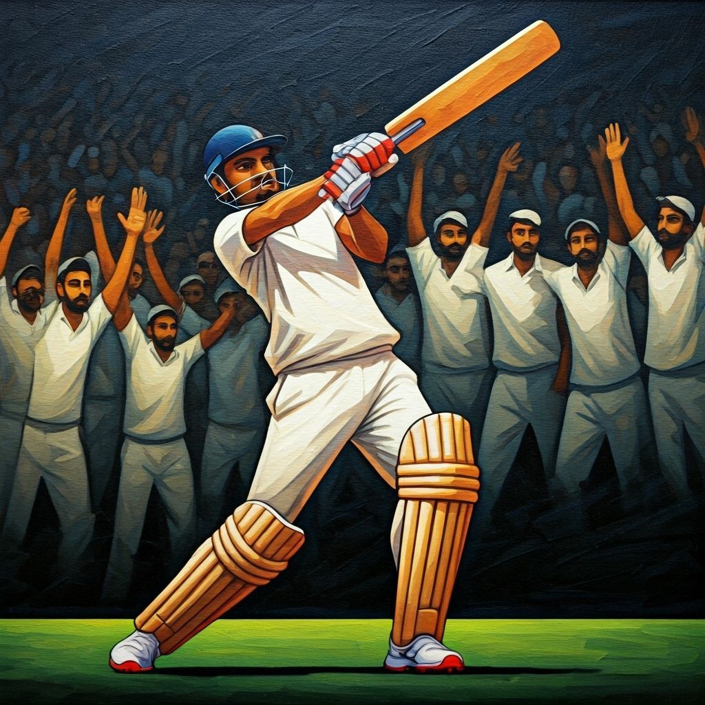 Indian Cricketer in Crowded Stadium, Folk Art Style