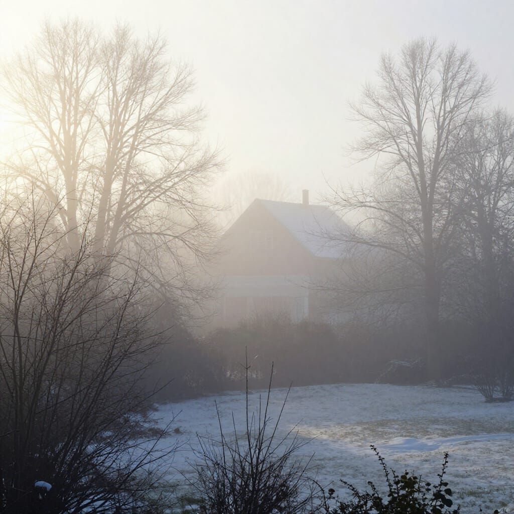 Ethereal Winter Fog Landscape with Glistening Sunlight