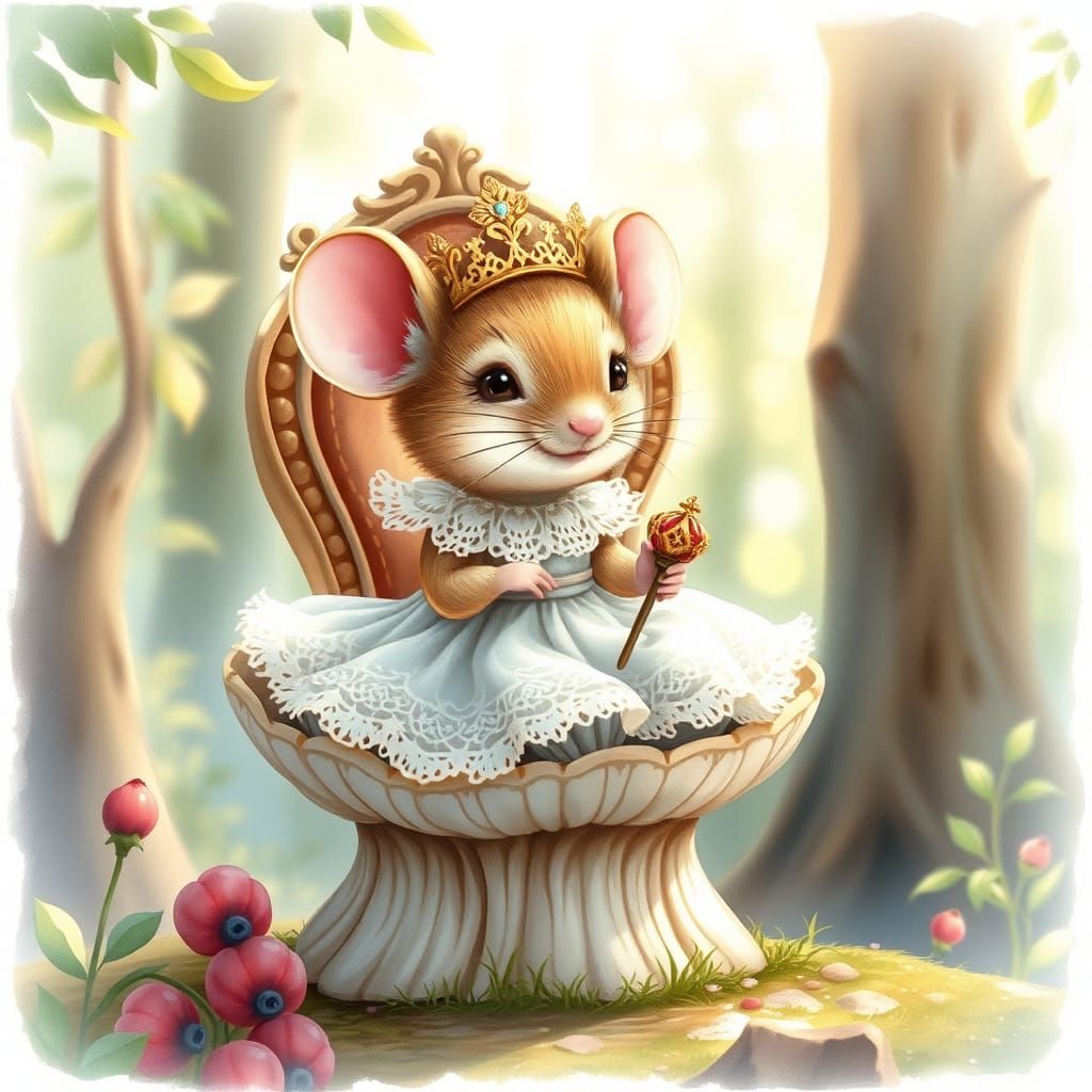Crowned Mouse King on Mushroom Throne, Watercolor Style