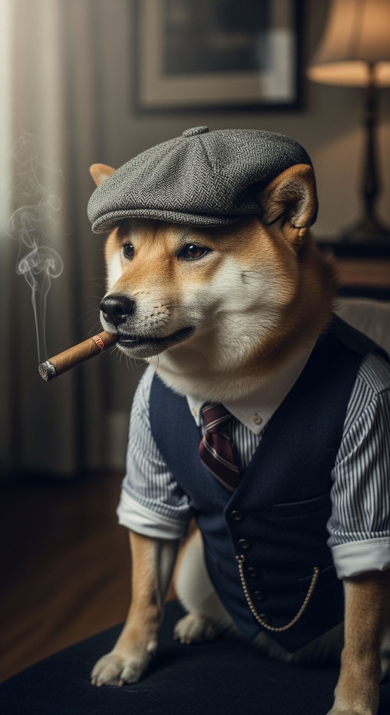 Shiba Inu in Peaky Blinders Style Smoking Cigar