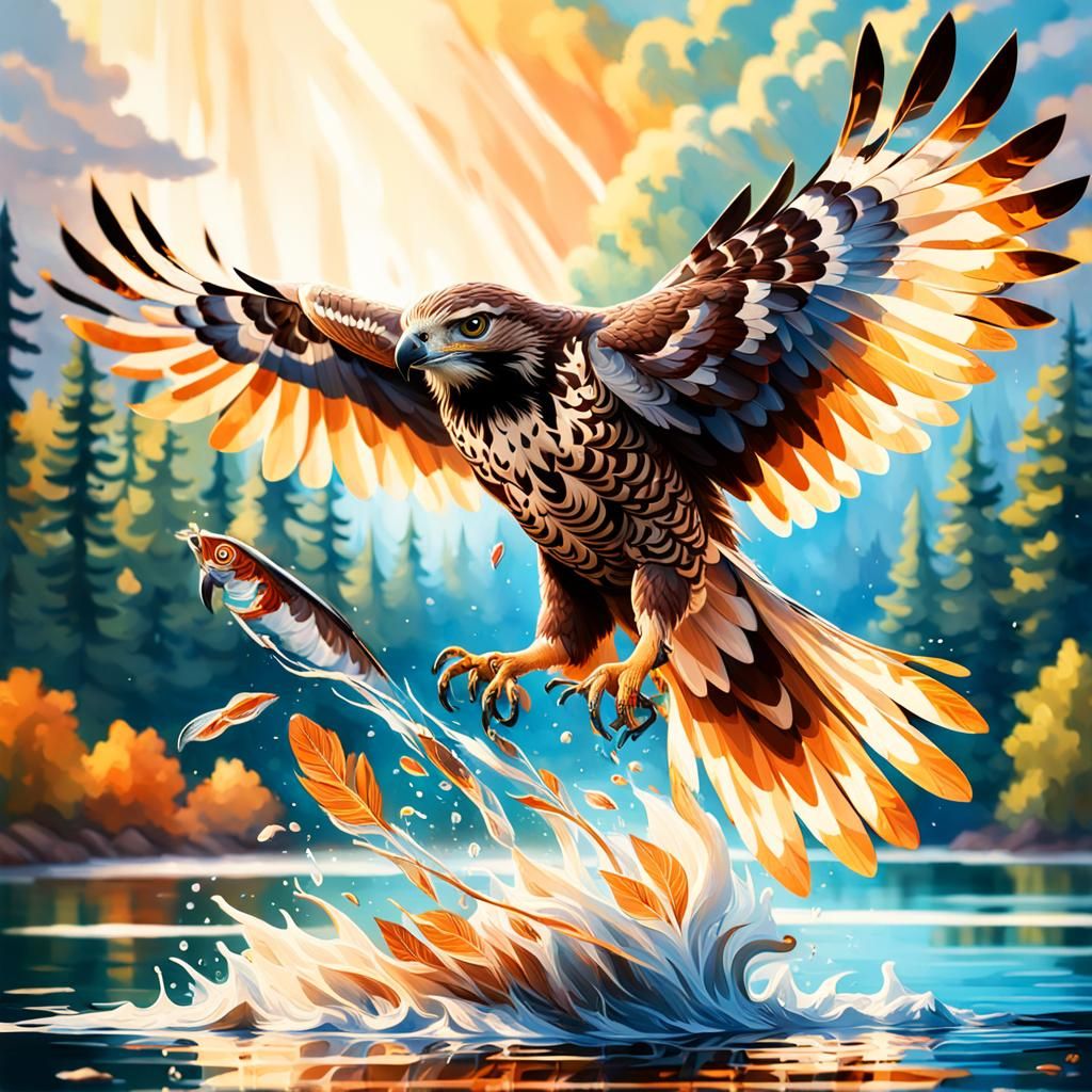 Hyperrealistic Hawk Hunting Over Serene Lake