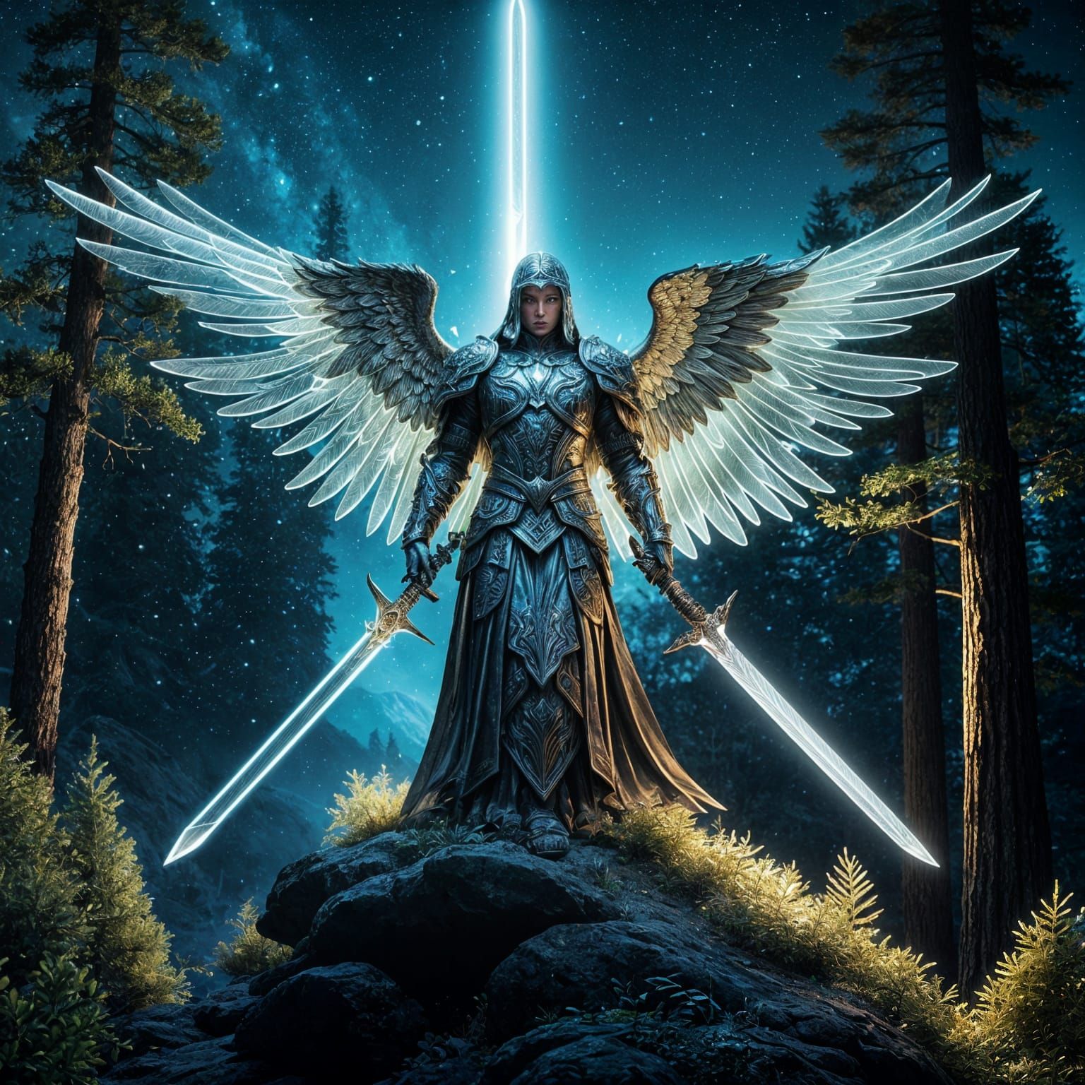 Bioluminescent Angel Over Mountain at Night