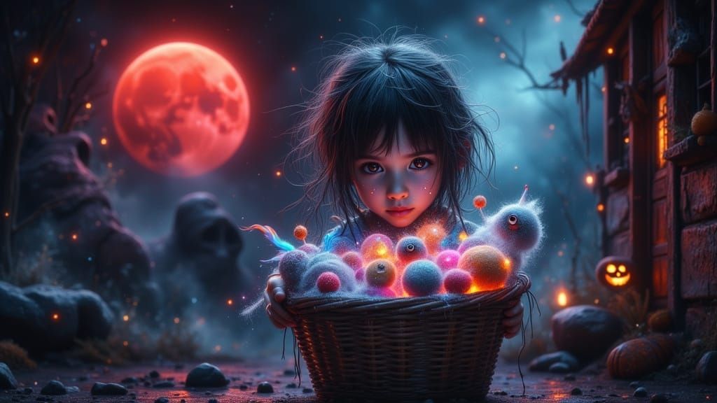 Eerie Girl Offers Ghostly Candies Under Blood Moon