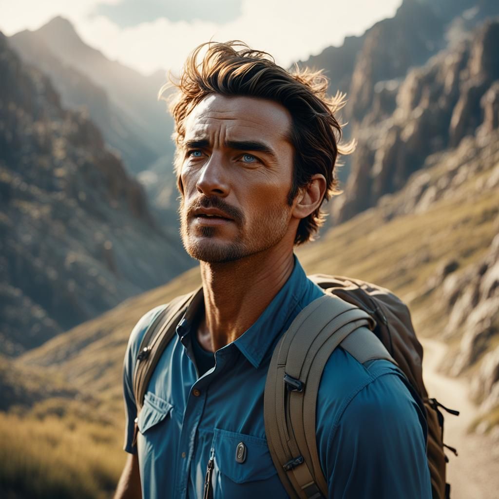Young Hiker's Weathered Face in Cinematic Style