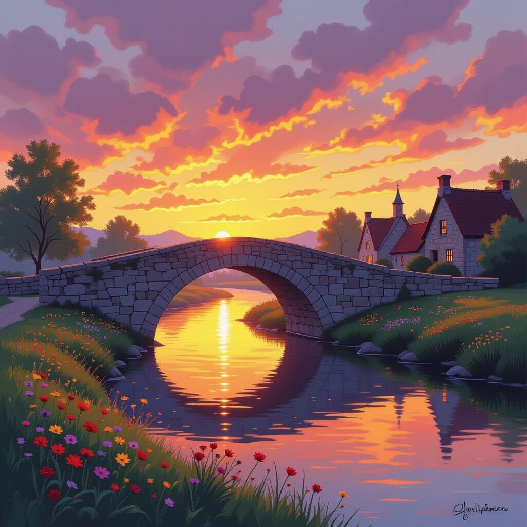 Amber River Sunset with Stone Bridge in Watercolour