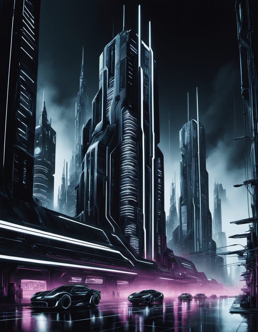 Futuristic Cityscape in Cyberpunk Art Nouveau Style