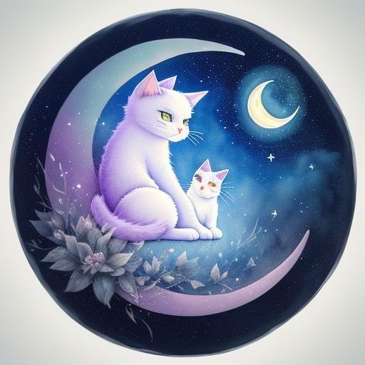 Whimsical Witch Cat on Crescent Moon in Watercolor