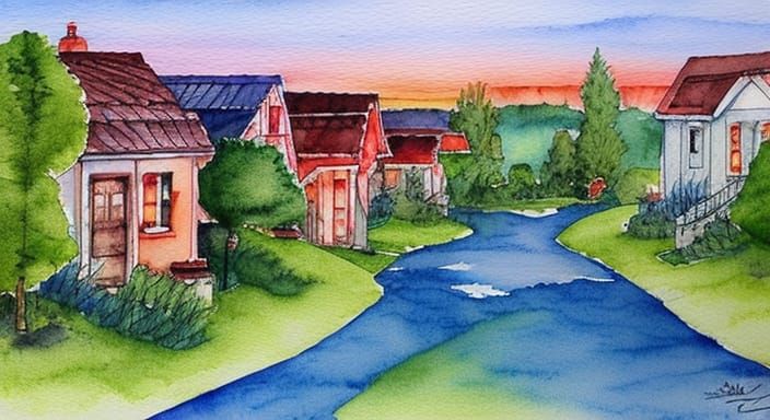Incandescent Evening Neighborhood Watercolor Painting