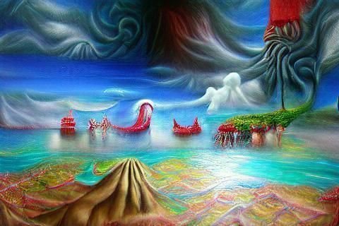 Surreal Red Sea of Mythical Creatures Painting