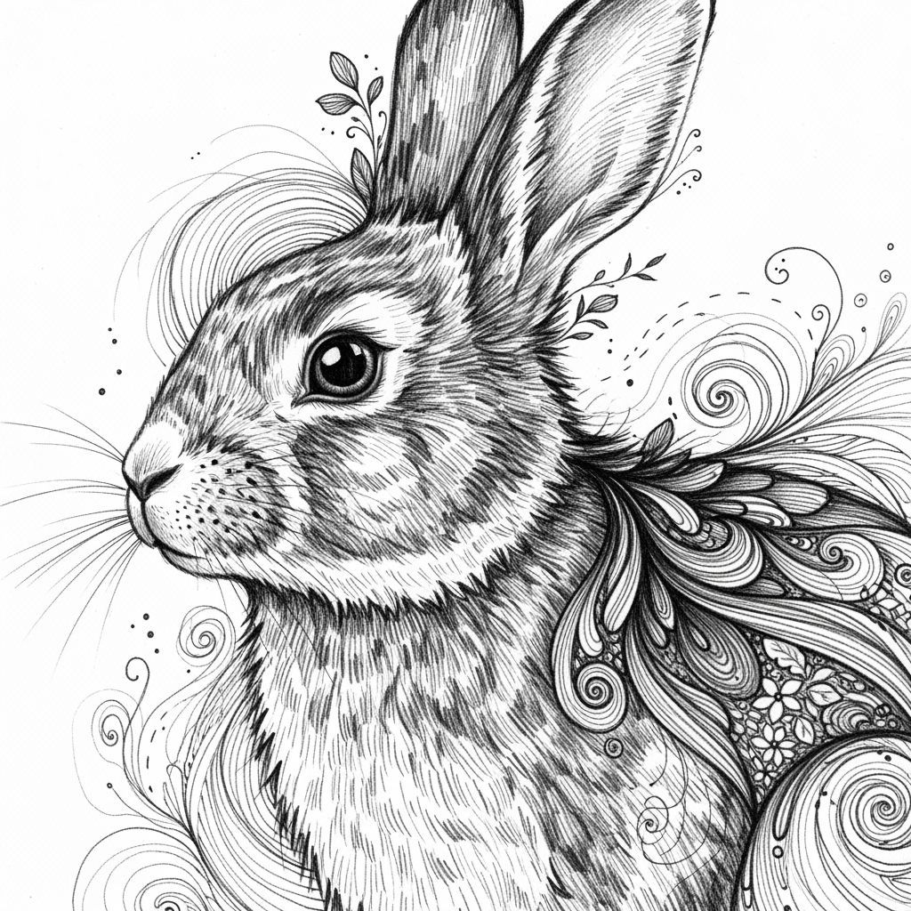 Intricate Charcoal Rabbit Illustration in Tattoo Style