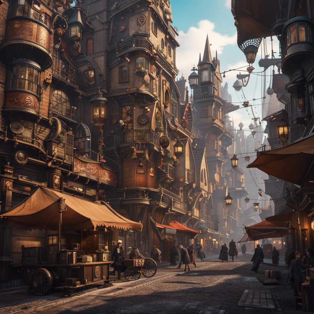 Steampunk City Street in Detailed Matte Painting