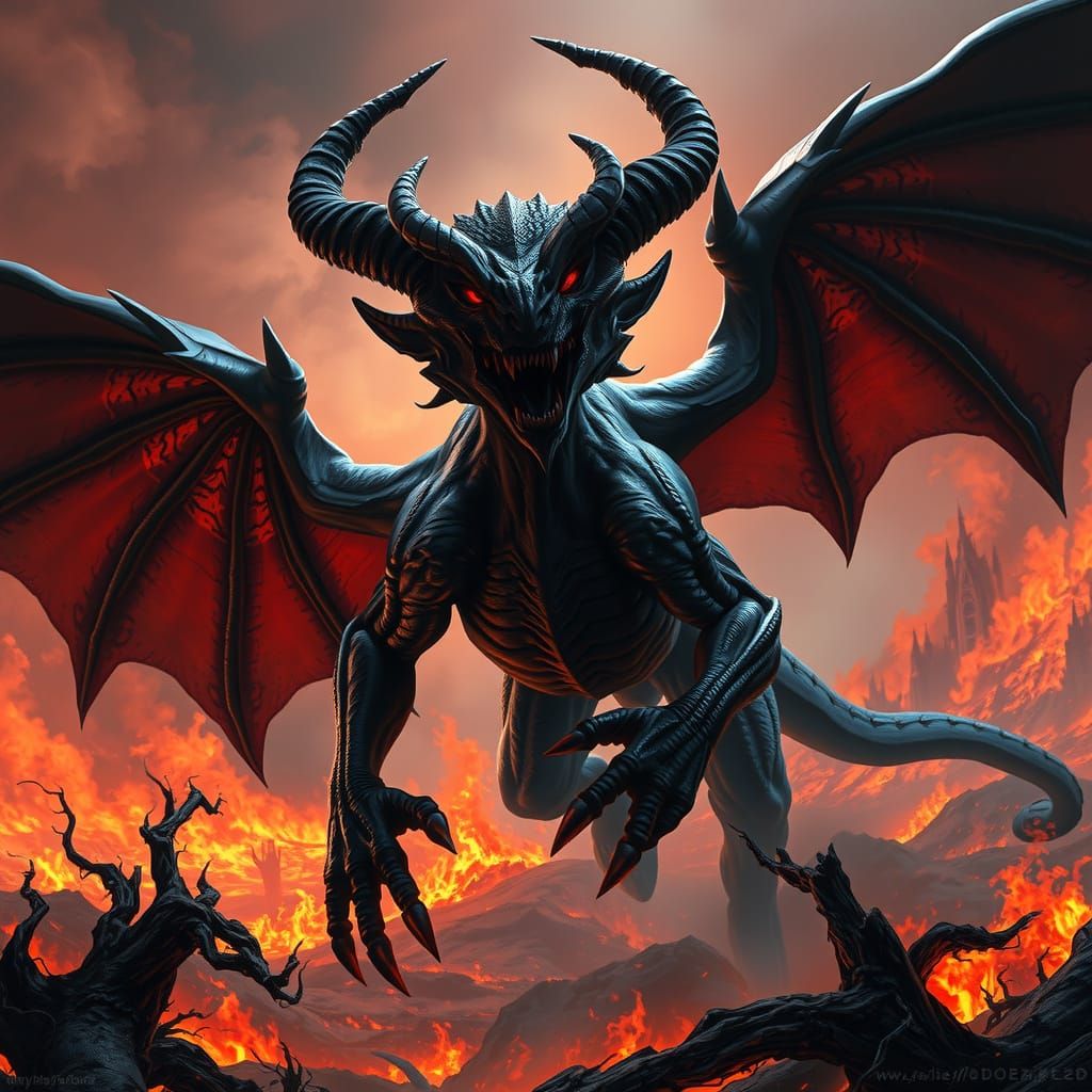 Infernal Chimera in Apocalyptic Landscape: Digital Painting