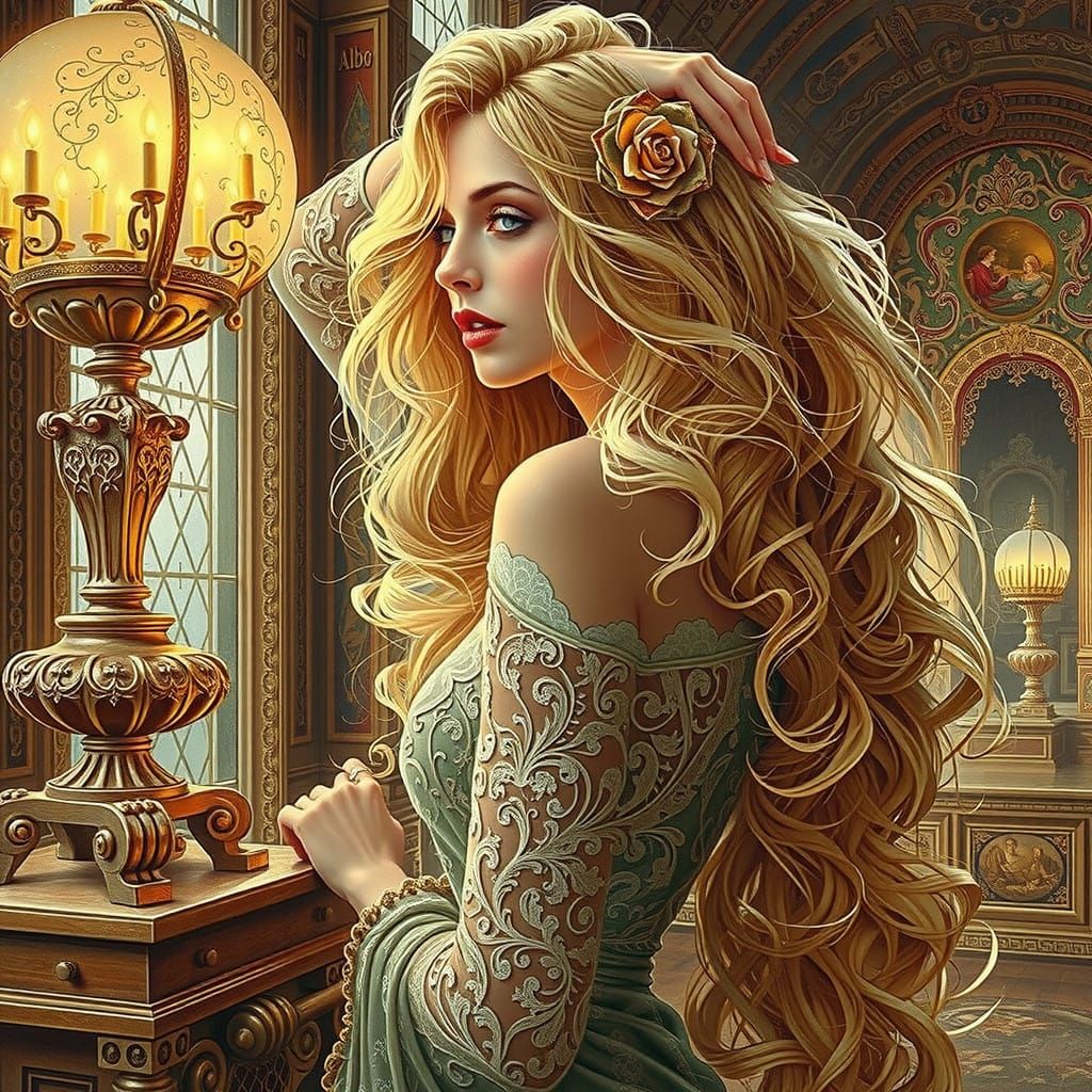 Elegant Art Nouveau Woman in Soft Lighting