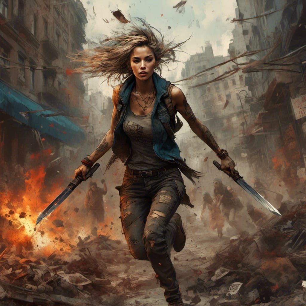 Fierce Woman Warrior Defends Street in Fantasy Art