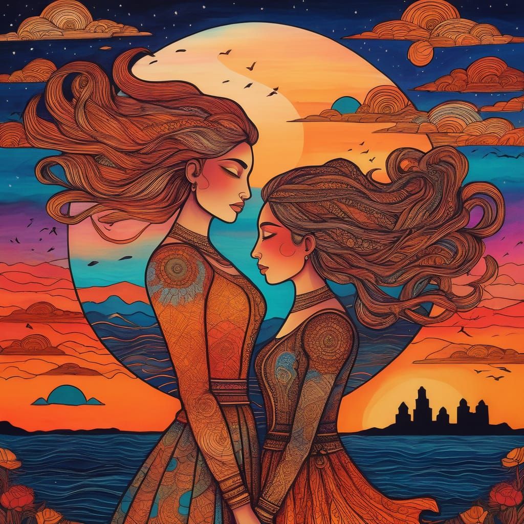 Woman and Girl at Sunset in Art Brut Style