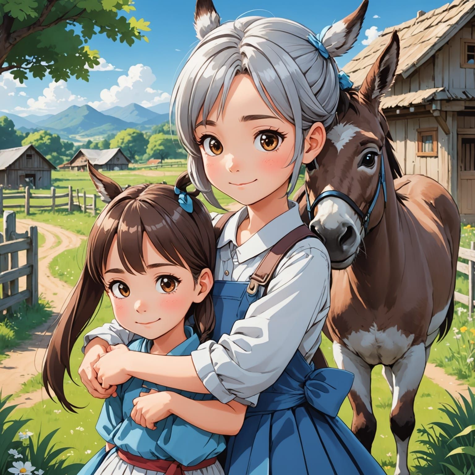Girl Hugs Donkey in Farm Setting, Anime Style