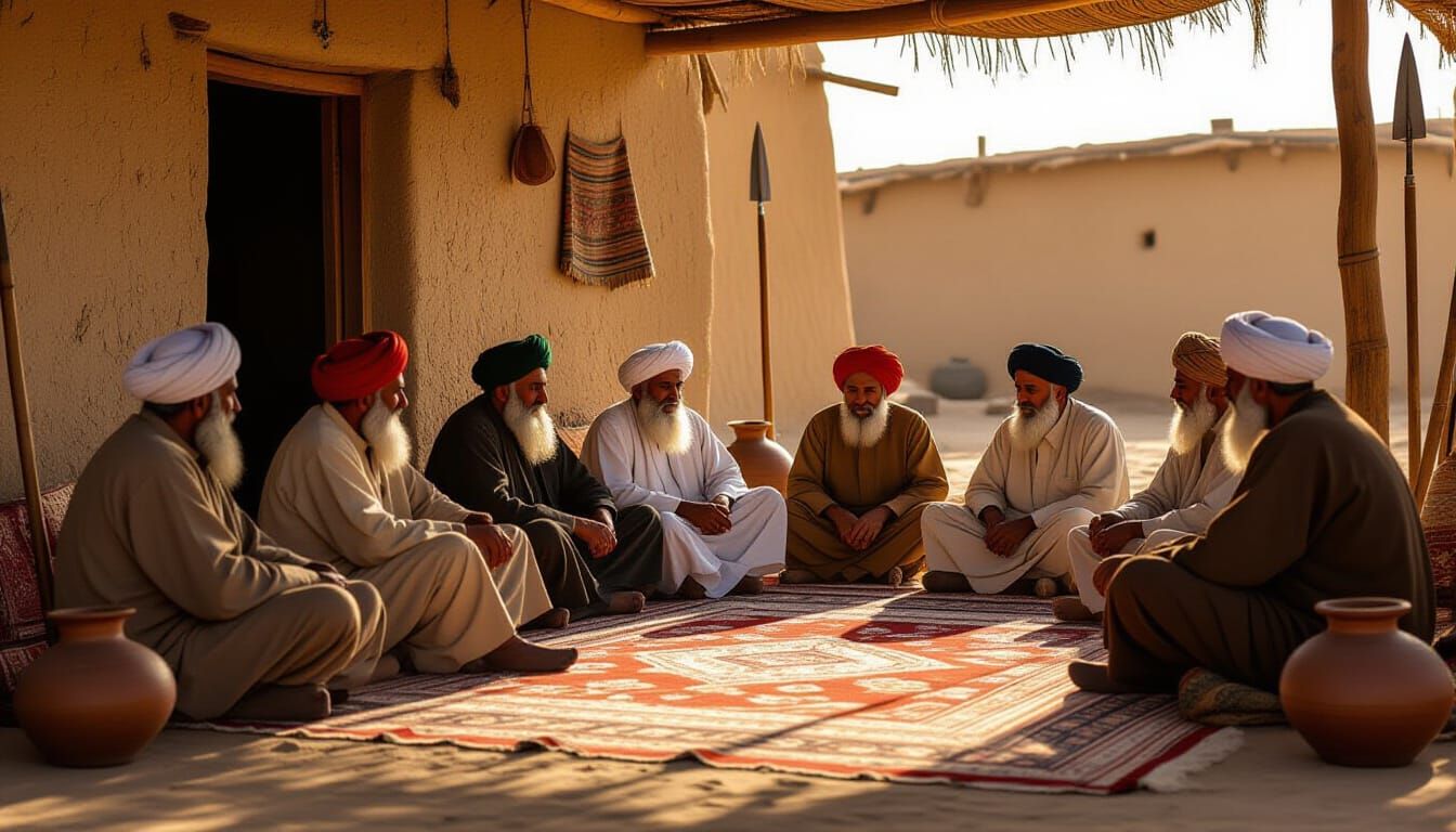 Tribal Islamic Jirga in Retro-Futuristic Style