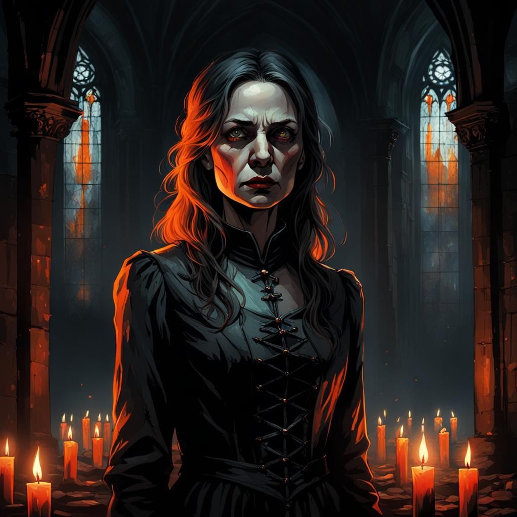 Gothic Woman in Ruined Cathedral Illustration