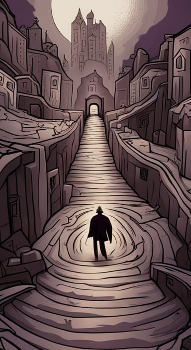 labyrinth, tim burton style, cartoonish, black sepia and pur...