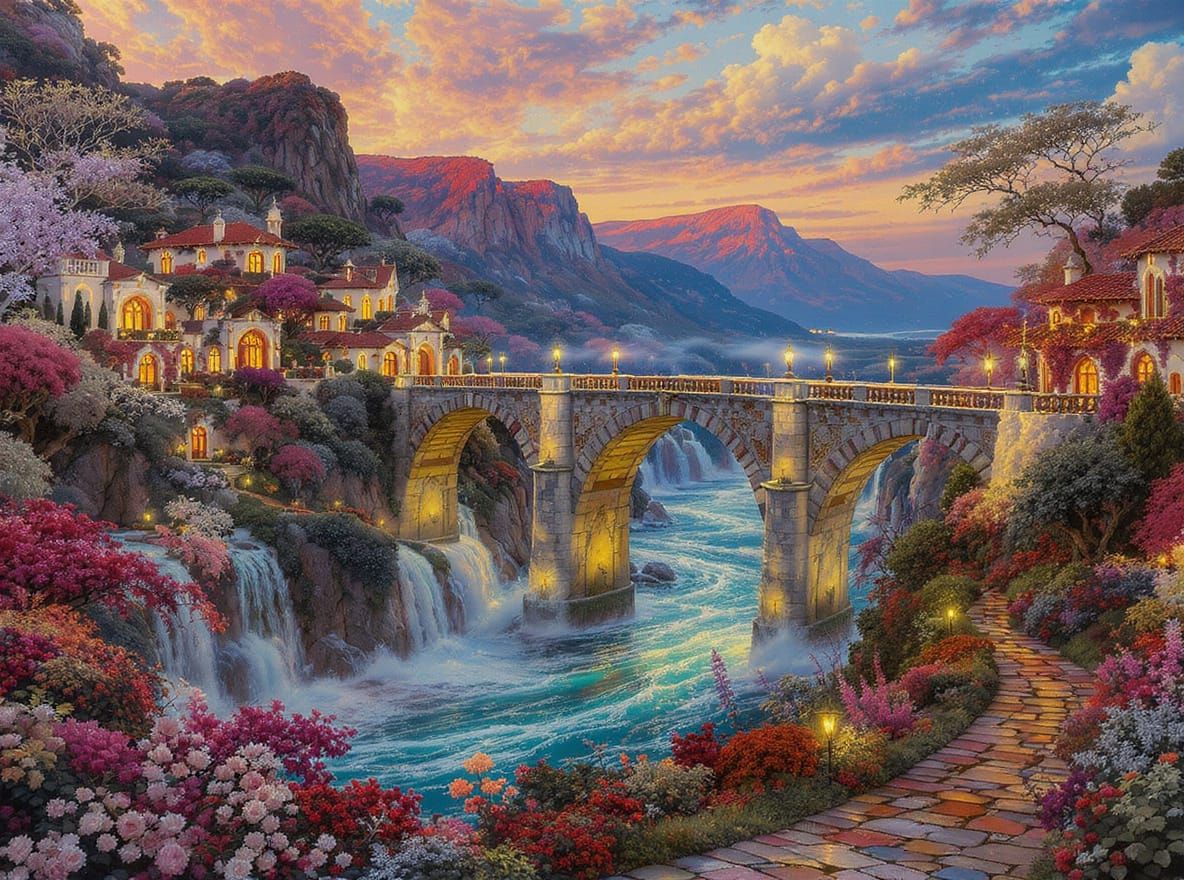 Vivid Impasto Painting of Bridge Connecting Opulent Coasts