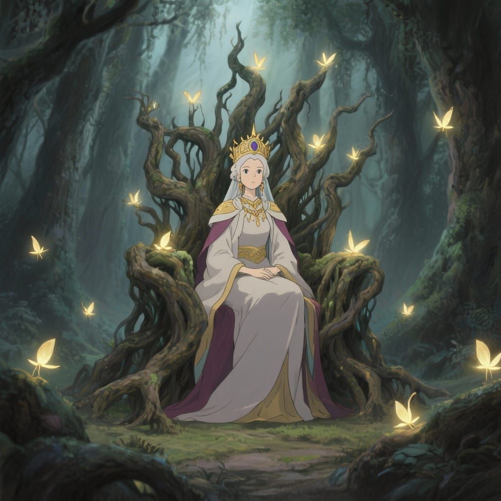Regal Queen on Glowing Root Throne in Ancient Forest
