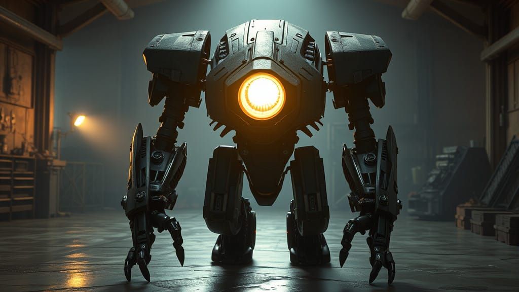 Cyberpunk Robot Sculpture Made from Car Parts in a Gritty Ga...