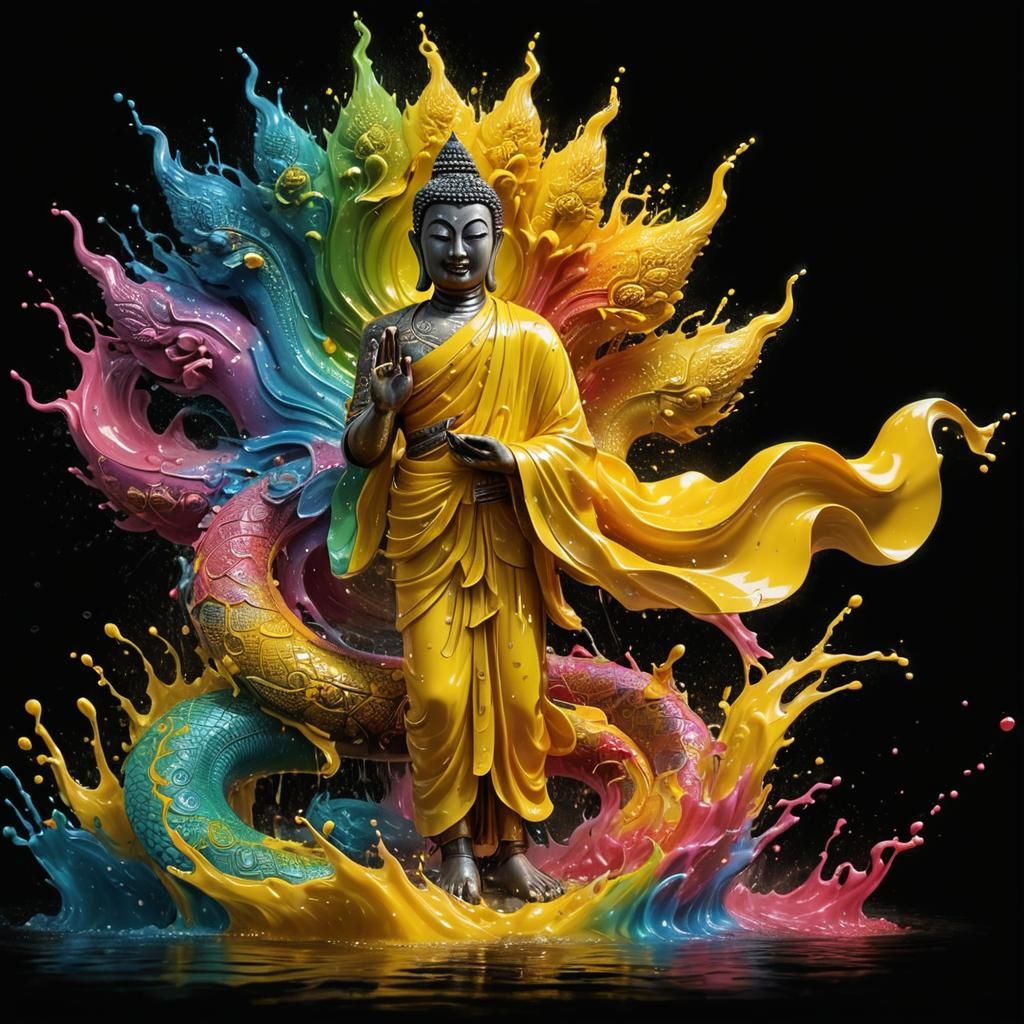 Thai Buddha with Naga in Hyperrealistic Airbrush Style